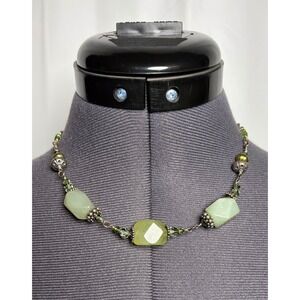 Tres Jolie Necklace Green Stone Bead Crystal Silver Tone Boho Artisan Choker